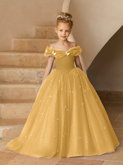 Robe Épaules Dénudées en Tulle pour Petite Fille d'Honneur avec Perles