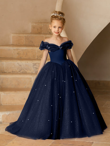 Robe Épaules Dénudées en Tulle pour Petite Fille d'Honneur avec Perles
