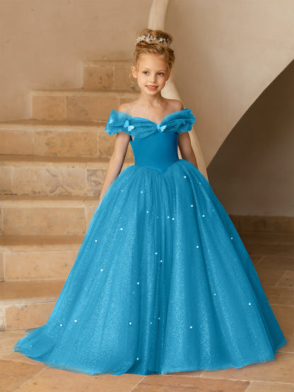 Robe Épaules Dénudées en Tulle pour Petite Fille d'Honneur avec Perles