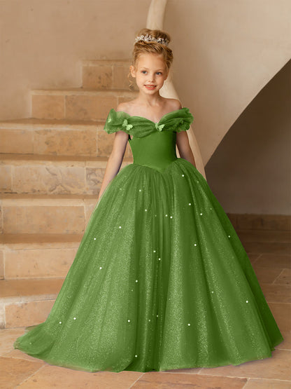 Robe Épaules Dénudées en Tulle pour Petite Fille d'Honneur avec Perles