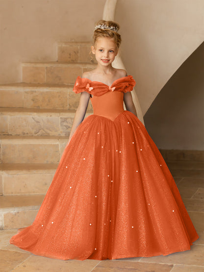 Robe Épaules Dénudées en Tulle pour Petite Fille d'Honneur avec Perles