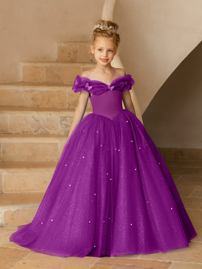 Robe Épaules Dénudées en Tulle pour Petite Fille d'Honneur avec Perles