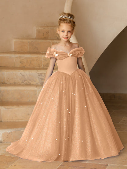 Robe Épaules Dénudées en Tulle pour Petite Fille d'Honneur avec Perles
