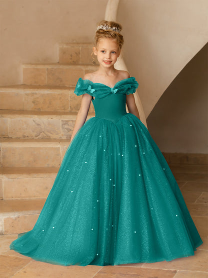 Robe Épaules Dénudées en Tulle pour Petite Fille d'Honneur avec Perles