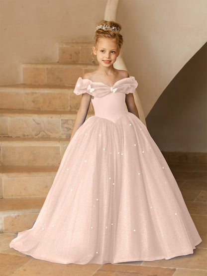 Robe Épaules Dénudées en Tulle pour Petite Fille d'Honneur avec Perles