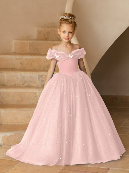 Robe Épaules Dénudées en Tulle pour Petite Fille d'Honneur avec Perles