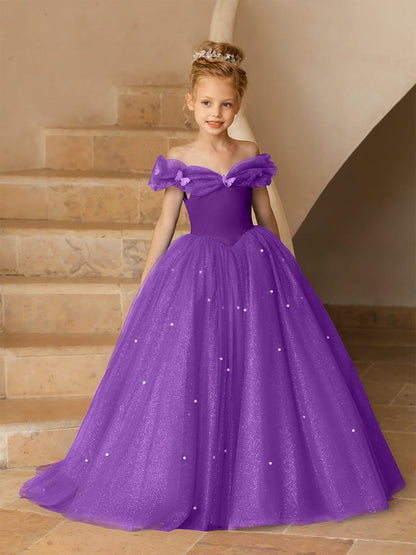 Robe Épaules Dénudées en Tulle pour Petite Fille d'Honneur avec Perles