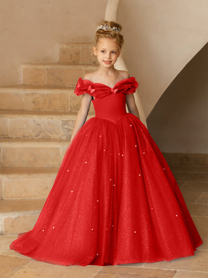 Robe Épaules Dénudées en Tulle pour Petite Fille d'Honneur avec Perles