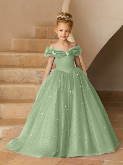 Robe Épaules Dénudées en Tulle pour Petite Fille d'Honneur avec Perles