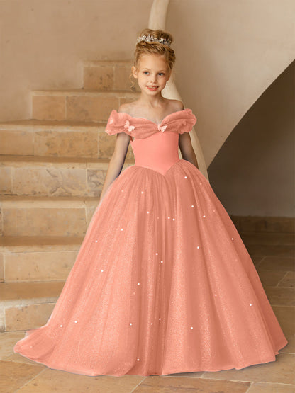 Robe Épaules Dénudées en Tulle pour Petite Fille d'Honneur avec Perles