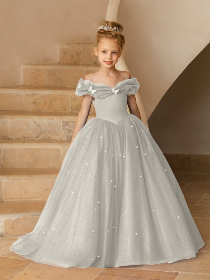 Robe Épaules Dénudées en Tulle pour Petite Fille d'Honneur avec Perles