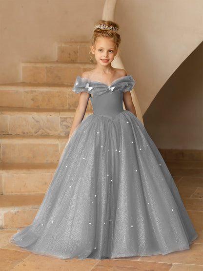 Robe Épaules Dénudées en Tulle pour Petite Fille d'Honneur avec Perles