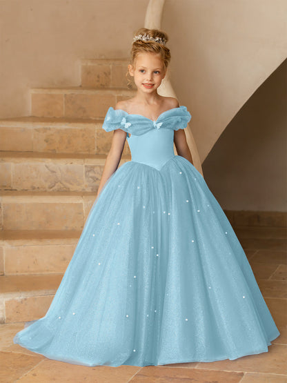 Robe Épaules Dénudées en Tulle pour Petite Fille d'Honneur avec Perles