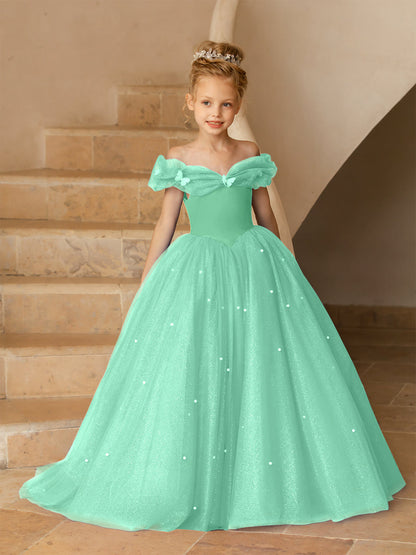Robe Épaules Dénudées en Tulle pour Petite Fille d'Honneur avec Perles