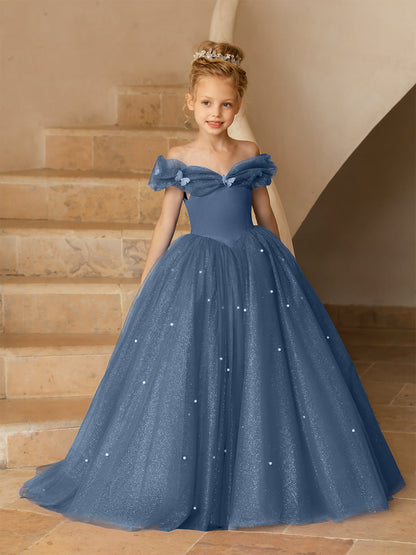 Robe Épaules Dénudées en Tulle pour Petite Fille d'Honneur avec Perles