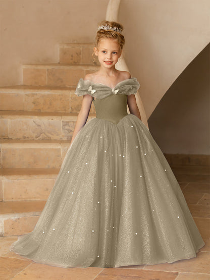 Robe Épaules Dénudées en Tulle pour Petite Fille d'Honneur avec Perles