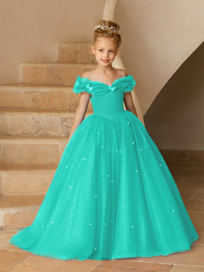 Robe Épaules Dénudées en Tulle pour Petite Fille d'Honneur avec Perles