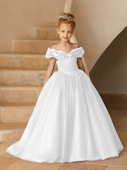 Robe Épaules Dénudées en Tulle pour Petite Fille d'Honneur avec Perles