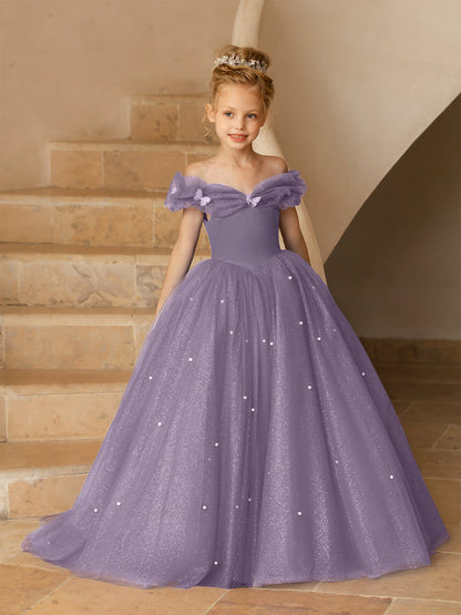 Robe Épaules Dénudées en Tulle pour Petite Fille d'Honneur avec Perles
