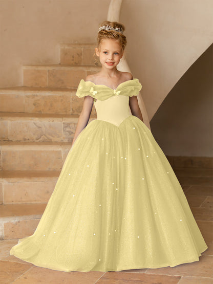 Robe Épaules Dénudées en Tulle pour Petite Fille d'Honneur avec Perles