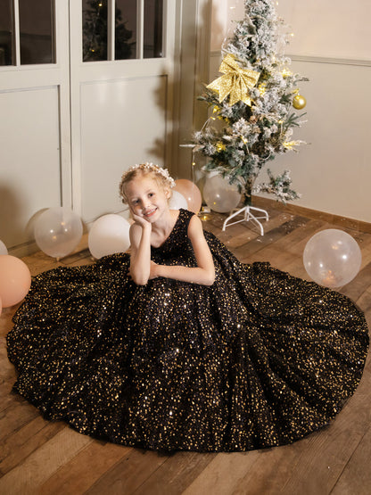 Robe Une Épaule en Velours avec Sequins sans Manches pour Petite Fille d'Honneur