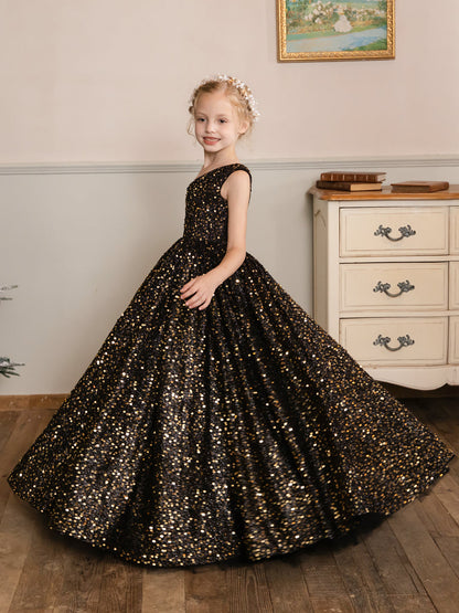 Robe Une Épaule en Velours avec Sequins sans Manches pour Petite Fille d'Honneur
