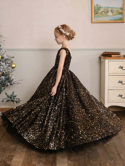 Robe Une Épaule en Velours avec Sequins sans Manches pour Petite Fille d'Honneur
