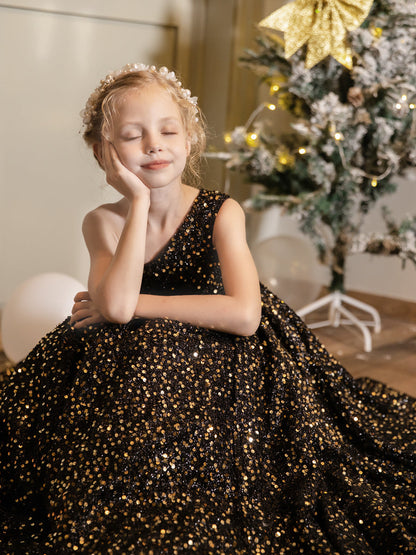 Robe Une Épaule en Velours avec Sequins sans Manches pour Petite Fille d'Honneur