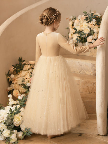 Robe Col Rond en Velours avec Sequins et Manches Longues pour Petite Fille d'Honneur