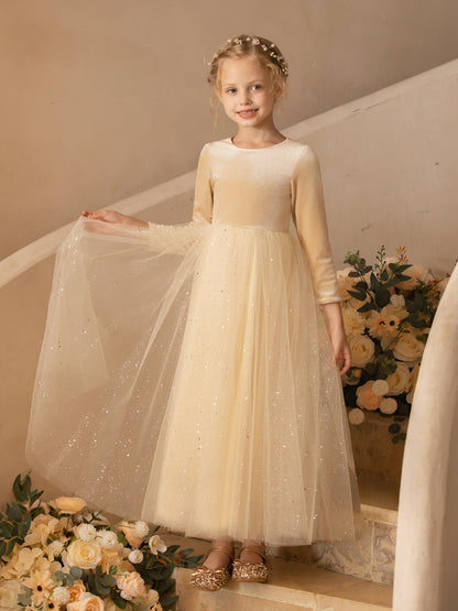 Robe Col Rond en Velours avec Sequins et Manches Longues pour Petite Fille d'Honneur