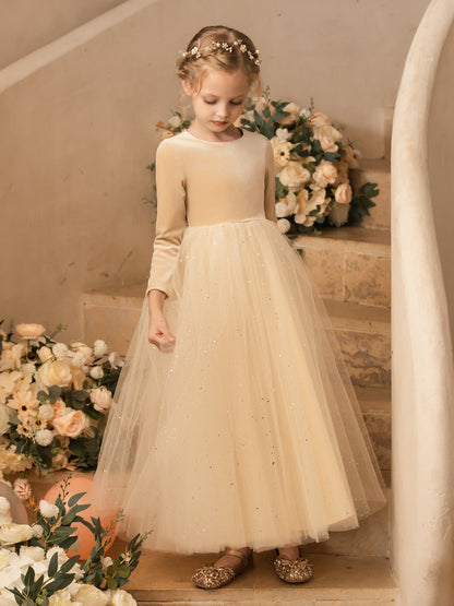 Robe Col Rond en Velours avec Sequins et Manches Longues pour Petite Fille d'Honneur