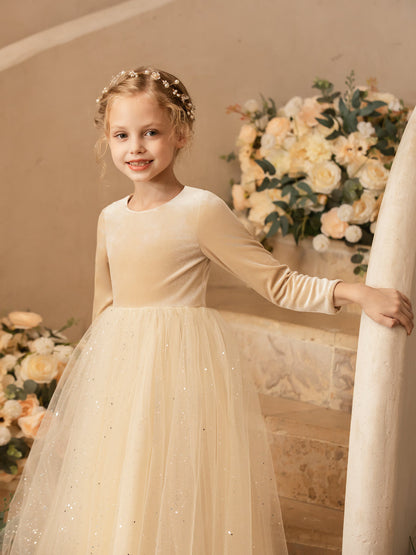 Robe Col Rond en Velours avec Sequins et Manches Longues pour Petite Fille d'Honneur