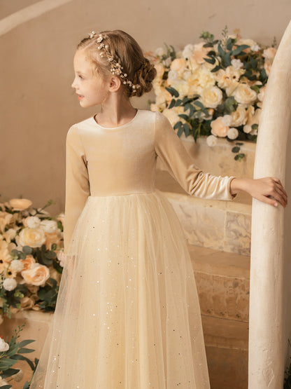 Robe Col Rond en Velours avec Sequins et Manches Longues pour Petite Fille d'Honneur