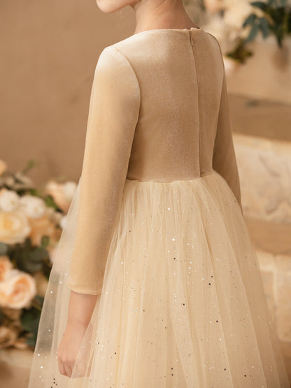 Robe Col Rond en Velours avec Sequins et Manches Longues pour Petite Fille d'Honneur
