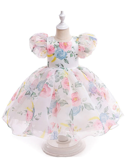 Robe de Bal Col Bateau Manches Courtes Imprimé Floral pour Fille de Cérémonie