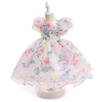 Robe de Bal Col Bateau Manches Courtes Imprimé Floral pour Fille de Cérémonie