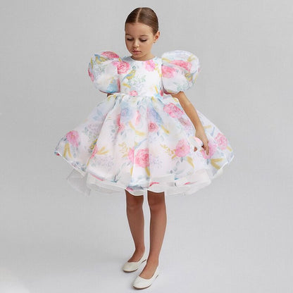 Robe de Bal Col Bateau Manches Courtes Imprimé Floral pour Fille de Cérémonie