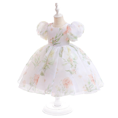 Robe de Bal Col Bateau Manches Courtes Imprimé Floral pour Fille de Cérémonie