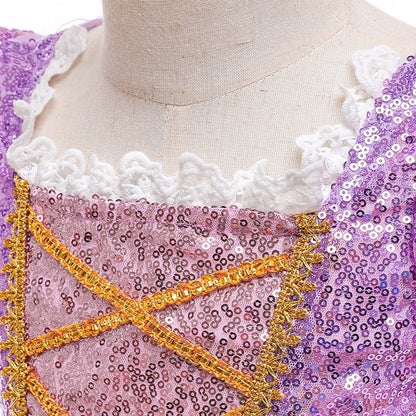 Robe Princesse Col Carré Manches Courtes pour Petite Fille d'Honneur avec Appliques et Sequins