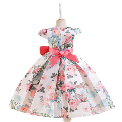 Robe Princesse Col Rond sans Manches en Satin Plissé pour Petite Fille d'Honneur avec Fleurs Imprimées et Nœud(S)