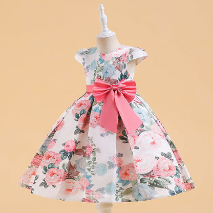 Robe Princesse Col Rond sans Manches en Satin Plissé pour Petite Fille d'Honneur avec Fleurs Imprimées et Nœud(S)