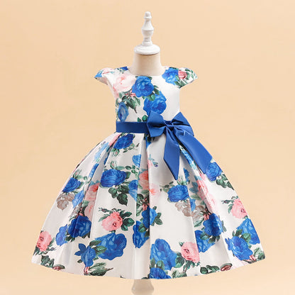 Robe Princesse Col Rond sans Manches en Satin Plissé pour Petite Fille d'Honneur avec Fleurs Imprimées et Nœud(S)