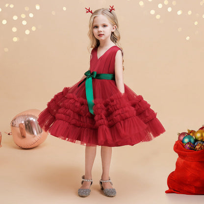 Robe de Bal à Col En V Sans Manches Au Genou Froncée pour Filles