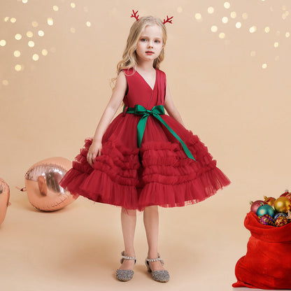 Robe de Bal à Col En V Sans Manches Au Genou Froncée pour Filles