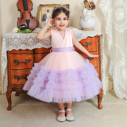 Robe de Bal à Col En V Sans Manches Au Genou Froncée pour Filles