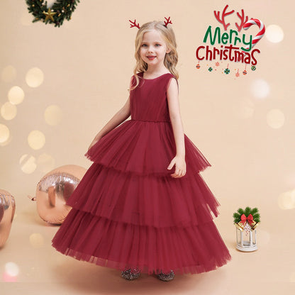 Robe de Bal En Tulle à Encolure Dégagée Sans Manches Longueur Cheville Robes de Noël pour Filles