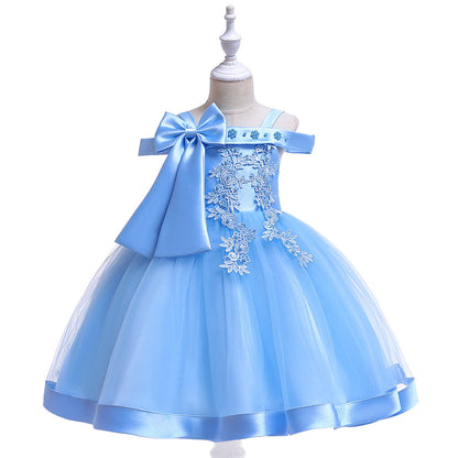 Robe Princesse Épaules Dénudées sans Manches pour Petite Fille d'Honneur avec Appliques et Nœud