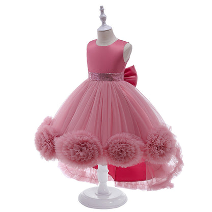 Robe Princesse Col Rond Asymétrique pour Petite Fille d'Honneur avec Nœud