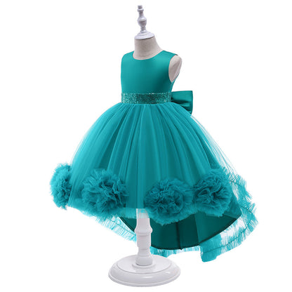 Robe Princesse Col Rond Asymétrique pour Petite Fille d'Honneur avec Nœud