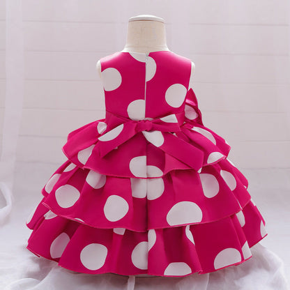 Robe Princesse Col Rond Volants pour Petite Fille d'Honneur avec Pois